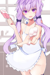 1girl :d absurdres apron bare_shoulders blue_bow blush bow breasts collarbone commentary_request cream female_focus food hair_bow hair_ornament happy highres holding indoors long_hair looking_at_viewer naked_apron open_mouth pon_(shind_997) purple_eyes purple_hair short_hair_with_long_locks sidelocks small_breasts smile solo twintails vocaloid voiceroid white_apron window yuzuki_yukari