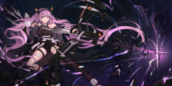 Rule 34 | 1girl, :|, absurdres, arknights, arrow (projectile), black bodysuit, black hairband, black horns, black socks, black thighhighs, bodysuit, bow (weapon), closed mouth, compound bow, debris, dot nose, drawing bow, fake horns, floating hair, glowing, hairband, highres, holding, holding bow (weapon), holding weapon, horn hairband, horns, jacket, kneehighs, lens flare, long hair, off shoulder, pink eyes, purple hair, scope, sidelocks, single kneehigh, single sock, single thighhigh, socks, solo, tail, thigh strap, thighhighs, typhon (arknights), v-shaped eyebrows, very long hair, weapon, white jacket, youngou (uppark4425)