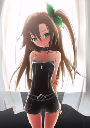 Rule 34 | 10s, 1girl, backlighting, bad id, bad pixiv id, bare shoulders, blush, bow, boyshorts, breasts, brown hair, choker, collarbone, curtains, female focus, green eyes, hair bow, hair ornament, if (neptunia), long hair, looking at viewer, matokechi, neptune (series), ponytail, side ponytail, small breasts, solo, window