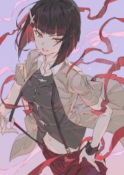 Rule 34 | 1girl, adjusting clothes, black hair, black skirt, blunt bangs, bob cut, brown eyes, colored inner hair, commentary, cowboy shot, gradient background, grey shirt, hair ornament, hand on own hip, highres, hxxg, kagenui yozuru, looking to the side, midriff, monogatari (series), multicolored hair, open mouth, overshirt, pants, pink background, pink ribbon, purple background, red hair, red legwear, red ribbon, ribbon, shirt, short hair, skirt, solo, suspenders, two-tone hair, wind, wristband