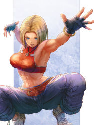 Rule 34 | 1girl, :d, abs, bare shoulders, belt, blonde hair, blue eyes, blue mary, breasts, commentary request, crop top, fatal fury, fingerless gloves, full body, gloves, halterneck, highres, jewelry, looking at viewer, midriff, mitsu plus, navel, necklace, open mouth, pants, short hair, sleeveless, smile, solo, squatting, straight hair, the king of fighters, the king of fighters xv