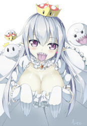 Rule 34 | aiee, blush, boo (mario), breasts, cleavage, collar, crown, dress, elbow gloves, frilled collar, frilled gloves, frills, ghost, ghost pose, gloves, grey hair, highres, large breasts, leaning forward, long hair, looking at viewer, luigi&#039;s mansion, mario (series), mini crown, new super mario bros. u deluxe, nintendo, open mouth, pointy ears, princess king boo, puffy short sleeves, puffy sleeves, sharp teeth, short sleeves, simple background, super crown, teeth, tilted headwear, tongue, tongue out, white background, white dress, white gloves