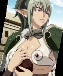 Rule 34 | 1girl, absurdres, breasts, echidna (queen&#039;s blade), elf, green hair, highres, large breasts, long hair, pointy ears, queen&#039;s blade, queen&#039;s blade lost worlds, red eyes, smile, solo, standing, stitched, third-party edit