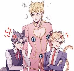 Rule 34 | ..., 3boys, ?, aged down, anger vein, animal ears, arm hug, blonde hair, blue eyes, blue hair, blue vest, braid, commentary, crossed arms, dio brando, family, father and son, giorno giovanna, green eyes, hako iix07, jacket, jewelry, jojo no kimyou na bouken, jonathan joestar, long hair, long sleeves, looking at another, male focus, multiple boys, necktie, open mouth, phantom blood, pink jacket, red necktie, shirt, short hair, smile, spoken ellipsis, spoken question mark, standing, sweat, tail, tiger ears, tiger tail, time paradox, vento aureo, vest, white background, white shirt, wolf boy, wolf ears, wolf tail