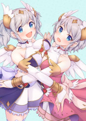 Rule 34 | 2girls, :o, akari (angel) (princess connect!), akari (princess connect!), altheavin, asymmetrical docking, bangle, bare shoulders, blue eyes, blush, bow, bracelet, breast press, breasts, bridal gauntlets, collar, collarbone, covered collarbone, cowboy shot, dress, eyebrows hidden by hair, fingers together, frilled collar, frilled dress, frills, from above, gem, gold, grey hair, halter dress, halterneck, hand on another&#039;s hip, heart, highres, jewelry, large breasts, long hair, looking at viewer, medium hair, midriff, miniskirt, multiple girls, open mouth, palms together, pink dress, princess connect!, ribbon, ring, siblings, sidelocks, simple background, sisters, skirt, sleeveless, sleeveless dress, smile, swept bangs, symmetrical docking, tareme, thighhighs, tight clothes, tsurime, twintails, wing hair ornament, wings, wrist cuffs, yori (angel) (princess connect!), yori (princess connect!), zettai ryouiki