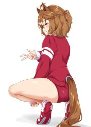 Rule 34 | 1girl, absurdres, animal ears, buruma, commentary request, from behind, high heels, highres, horse ears, horse girl, horse tail, jacket, jungle pocket (umamusume), long sleeves, red buruma, red footwear, red jacket, ryochapu, shoe soles, shoes, simple background, sneakers, solo, squatting, tail, tracen training uniform, umamusume, v, white background, yellow eyes
