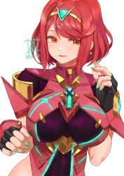 Rule 34 | 1girl, breasts, chest jewel, earrings, fingerless gloves, gem, gloves, green nails, highres, jewelry, large breasts, nail polish, nintendo, orange eyes, pyra (xenoblade), red hair, short hair, signature, solo, sou (pale 1080), swept bangs, tiara, upper body, xenoblade chronicles (series), xenoblade chronicles 2