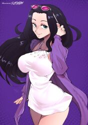 Rule 34 | 1girl, arm at side, ass, black hair, blue eyes, breasts, coat, cowboy shot, dress, eyewear on head, flytrapxx, forehead, hair intakes, hand in own hair, highres, long hair, long sleeves, looking at viewer, medium breasts, nico robin, one piece, open clothes, open coat, patterned background, pink-framed eyewear, purple background, purple coat, short dress, sketch, sleeveless, sleeveless dress, smile, solo, thighs, very long hair, white dress