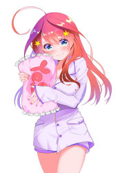 Rule 34 | 1girl, absurdres, ahoge, blue eyes, blush, breasts, cleavage, closed mouth, embarrassed, go-toubun no hanayome, hair ornament, highres, large breasts, long hair, long sleeves, looking at viewer, nakano itsuki, pajamas, piyopoyo, red hair, sleeves past wrists, solo, star (symbol), star hair ornament, white background
