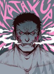 Rule 34 | 1boy, artist logo, blood, blood from mouth, character name, charlotte katakuri, chest tattoo, collarbone, fangs, fangs out, glowing, glowing eyes, injury, lips, looking at viewer, male focus, mewiyev, muscular, muscular male, one piece, parted lips, pink eyes, short hair, solo, tattoo, teeth, torn skin, v-shaped eyebrows, veins, veiny face