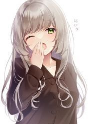 Rule 34 | 1girl, blush, breasts, brown shirt, commentary request, green eyes, hair intakes, highres, long hair, long sleeves, looking at viewer, one eye closed, open mouth, original, pajamas, shirt, silver hair, simple background, solo, tearing up, translation request, upper body, white background, yawning, yayoi (yay0ee)