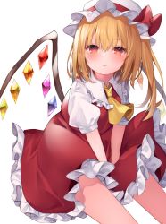 Rule 34 | 1girl, absurdres, ascot, between legs, blonde hair, blush, bow, closed mouth, crystal, feet out of frame, flandre scarlet, flat chest, frilled shirt collar, frills, from above, furrowed brow, hair between eyes, hand between legs, hat, hat bow, highres, komomo (ptkrx), light frown, looking at viewer, medium hair, mob cap, one side up, petticoat, puffy short sleeves, puffy sleeves, red bow, red eyes, red skirt, red vest, short sleeves, simple background, sitting, skirt, solo, touhou, v arms, vest, white background, white hat, wings, yellow ascot