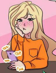 Rule 34 | 1girl, blonde hair, cellphone, down to earth, ellie (down to earth), green eyes, long hair, parted lips, phone