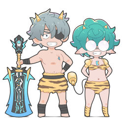 Rule 34 | 1boy, 1girl, :d, animal print, bikini, black eyes, black hair, chest jewel, chibi, claymore (sword), cosplay, eyepatch, glasses, green hair, hands on own hips, holding, holding sword, holding weapon, lowres, lum, lum (cosplay), natto soup, navel, open mouth, pandoria (xenoblade), pointy ears, simple background, smile, solo, standing, stomach, swimsuit, sword, tail, tiger print, topless male, urusei yatsura, weapon, white background, xenoblade chronicles (series), xenoblade chronicles 2, yellow bikini, zeke von genbu (xenoblade)
