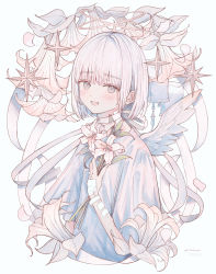 Rule 34 | 1boy, absurdres, androgynous, angel, angel wings, bandages, bandaid, double halo, flower, grey eyes, halo, highres, looking at viewer, male focus, niufog, original, pale skin, pastel colors, short hair, white hair, white theme, wings