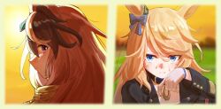 Rule 34 | 2girls, animal ears, black choker, black jacket, blonde hair, blue bow, blue eyes, blurry, blurry background, bow, brown hair, choker, clenched teeth, closed mouth, commentary request, ear bow, ear ornament, earrings, epaulettes, evening, from side, gloves, gold city (umamusume), grass, hair between eyes, hasegawamorito, highres, horse ears, horse girl, jacket, jewelry, long hair, looking at viewer, multicolored hair, multiple girls, open clothes, open jacket, outdoors, pendant choker, purple eyes, single earring, single epaulette, smile, streaked hair, sweat, symboli rudolf (umamusume), teeth, umamusume, upper body, white gloves, white hair, wiping sweat