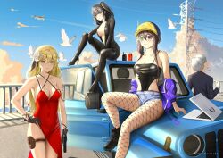 Rule 34 | 1boy, 3girls, absurdres, aircraft, airplane, andrew (brown dust 2), armpits, bird, black bodysuit, black camisole, black footwear, black hair, black suit, blue car, bodysuit, boots, breasts, brown dust 2, brown eyes, camisole, can, cleavage, computer, covered navel, denim, denim shorts, dove, dress, drink can, elise (brown dust 2), eyebrows hidden by hair, fighter jet, fishnet pantyhose, fishnets, flat cap, flower, formal, from behind, full body, grey hair, gun, hair between eyes, hair flower, hair ornament, hat, high heels, highres, holding, holding gun, holding weapon, holster, jacket, jeep, jet, laptop, large breasts, latex, latex bodysuit, lips, long hair, looking back, massoukei, military vehicle, motor vehicle, multiple girls, official alternate costume, pantyhose, partially unzipped, pointy ears, purple jacket, rafina (brown dust), red dress, scheherazade (brown dust), scheherazade (code name s) (brown dust), scouter, shadow, short shorts, short twintails, shorts, sitting on car, smile, soda can, stiletto heels, suit, sunset, thigh holster, transmission tower, twintails, walkie-talkie, weapon