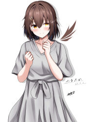 Rule 34 | 1girl, abataa, absurdres, brown hair, character name, clenched hands, dress, furutaka (kancolle), glowing, glowing eye, grey dress, hair ornament, hairclip, heterochromia, highres, kantai collection, official alternate costume, short hair, signature, simple background, smile, solo, white background, yellow eyes