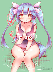 Rule 34 | 10s, 1girl, bare shoulders, between legs, blue hair, blush, breasts, collarbone, green background, hair ribbon, hand between legs, heart, i-19 (kancolle), kantai collection, large breasts, long hair, looking at viewer, name tag, one-piece swimsuit, red eyes, ribbon, richou (zerozero1101), school swimsuit, sitting, smile, solo, star-shaped pupils, star (symbol), swimsuit, symbol-shaped pupils, tri tails