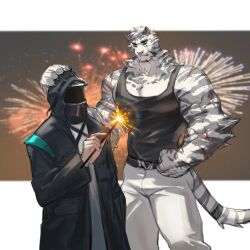 Rule 34 | 1boy, 1other, animal ears, arknights, bara, biceps, black tank top, chinese commentary, claws, clenched hand, cloak, commentary request, cross scar, doctor (arknights), facial scar, feet out of frame, fireworks, furry, furry male, hand on another&#039;s head, holding fireworks, hood, hooded cloak, hujusheng, infection monitor (arknights), looking at another, male focus, mountain (arknights), multiple scars, muscular, muscular male, pants, pectorals, scar, scar across eye, scar on arm, scar on cheek, scar on face, scar on shoulder, shirt, sleeveless, sleeveless shirt, sparkler, tail, tank top, tiger boy, tiger ears, tiger stripes, tiger tail, white pants