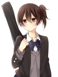 Rule 34 | 10s, 1girl, alternate costume, black bow, black bowtie, black jacket, blush, bow, bowtie, brown eyes, brown hair, buttons, collarbone, hair between eyes, hand up, jacket, kaga (kancolle), kantai collection, long sleeves, looking at viewer, school uniform, short hair, side ponytail, simple background, solo, sweater, upper body, weapon bag, white background, yamasuta