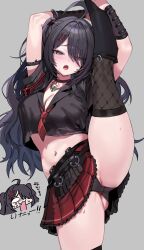 1girl absurdres ahoge arm_guards arms_up azur_lane black_choker black_hair black_panties black_shirt blush breasts choker cleavage crop_top fishnet_thighhighs fishnets freng frilled_skirt frills gluteal_fold grey_background grey_pupils hair_intakes hair_ornament hair_over_one_eye highres large_breasts long_hair looking_at_viewer miniskirt multiple_views necktie open_mouth panties purple_eyes red_necktie red_skirt shirt short_sleeves simple_background skirt split standing standing_on_one_leg standing_split sweat thighhighs thighs two_side_up underwear x_hair_ornament z11_(azur_lane)