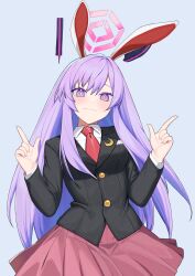 Rule 34 | 1girl, absurdres, blue archive, blush, breasts, commission, cosplay, double finger gun, finger gun, halo, highres, long hair, looking at viewer, medium breasts, necktie, pleated skirt, purple eyes, purple hair, reisen udongein inaba, reisen udongein inaba (cosplay), second-party source, skirt, smile, solo, touhou, utaha (blue archive), very long hair, wafer nuri