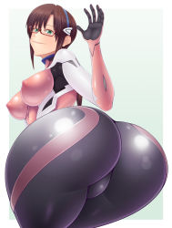 Rule 34 | 1girl, ass, blush, bodysuit, breasts, brown hair, evangelion: 3.0 you can (not) redo, from behind, glasses, green eyes, hair ornament, hairband, hairclip, huge ass, large breasts, light smile, long hair, looking back, low twintails, makinami mari illustrious, neon genesis evangelion, parted lips, pixiv1478062, plugsuit, rebuild of evangelion, red-framed eyewear, semi-rimless eyewear, smile, solo, twintails, under-rim eyewear, wide hips