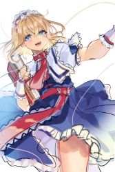 Rule 34 | 1girl, :d, alice margatroid, bad id, bad twitter id, blonde hair, blue dress, blue eyes, capelet, dress, hairband, highres, lolita hairband, looking at viewer, open mouth, sash, sketch, smile, solo, touhou, unfinished, usushio, white capelet