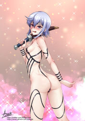 Rule 34 | 1girl, adsouto, ass, black tape project, breasts, chris (konosuba), dagger, highres, knife, kono subarashii sekai ni shukufuku wo!, looking at viewer, over shoulder, purple eyes, revealing clothes, scar, scar on face, short hair, signature, small breasts, solo, weapon, weapon over shoulder