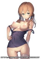 Rule 34 | 10s, 1girl, alternate costume, blonde hair, blue eyes, breasts, cleft of venus, hair between eyes, kantai collection, large breasts, long hair, low twintails, nipples, one-piece swimsuit, prinz eugen (kancolle), pussy, redcomet, revision, school swimsuit, simple background, smile, solo, swimsuit, thigh gap, thighhighs, twintails, uncensored, watermark, web address, white background, white thighhighs