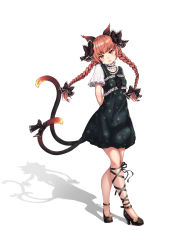Rule 34 | 1girl, adapted costume, animal ears, arms behind back, black bow, black ribbon, blunt bangs, blush, bow, braid, breasts, cat ears, cat tail, choker, closed mouth, collarbone, extra ears, forth (forthtin), frilled choker, frills, full body, hair bow, hair ribbon, head tilt, high heels, highres, kaenbyou rin, leg ribbon, light smile, long hair, looking at viewer, multiple tails, nekomata, pointy ears, red eyes, red hair, ribbon, shadow, short sleeves, simple background, small breasts, solo, standing, tail, tail bow, tail ornament, touhou, tress ribbon, twin braids, twintails, two tails, white background