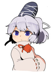 Rule 34 | 1girl, ahoge, blue eyes, closed mouth, grey hair, hands in opposite sleeves, hat, looking at viewer, mononobe no futo, moyazou (kitaguni moyashi seizoujo), ponytail, ribbon-trimmed sleeves, ribbon trim, short hair, simple background, solo, tate eboshi, touhou, upper body, white background