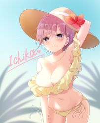 Rule 34 | 1girl, absurdres, arm up, bare shoulders, bikini, blue sky, blurry, blurry background, breasts, brown bikini, brown hat, character name, cleavage, closed mouth, collarbone, commentary request, day, depth of field, flower, go-toubun no hanayome, groin, hair between eyes, hat, hat flower, highres, large breasts, leaning forward, nakano ichika, navel, neki (wakiko), off-shoulder bikini, off shoulder, outdoors, pink hair, purple eyes, red flower, side-tie bikini bottom, sky, smile, solo, sun hat, swimsuit, twitter username