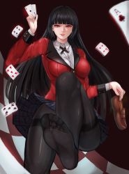Rule 34 | 1girl, ace (playing card), ace of clubs, ace of spades, black hair, blunt bangs, card, club (shape), feet, highres, hime cut, holding, holding shoes, jabami yumeko, kakegurui, leg up, loafers, long hair, looking at viewer, pantyhose, parted lips, playing card, pov, red eyes, school uniform, shoes, unworn shoes, single shoe, soles, solo, solo (twsolo), spade (shape), toes