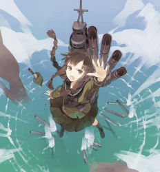 Rule 34 | 10s, 1girl, black hair, blunt bangs, blush, braid, brown hair, cannon, highres, hime cut, kantai collection, kitakami (kancolle), long hair, looking up, ocean, open mouth, personification, pleated skirt, red eyes, revision, school uniform, serafuku, shihou (g-o-s), sidelocks, skirt, torpedo, tube, turret, water drop