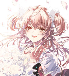 Rule 34 | 1girl, :d, absurdres, bouquet, carnation, choker, clothes lift, collarbone, dot nose, eyelashes, floating hair, flower, hair ribbon, half-closed eyes, highres, holding, holding bouquet, kaname madoka, layered sleeves, light blush, light particles, long eyelashes, long hair, looking at viewer, mahou shoujo madoka magica, mahou shoujo madoka magica (anime), misteor, open mouth, petals, pink hair, ribbon, simple background, smile, solo, straight hair, teeth, two side up, ultimate madoka, upper body, upper teeth only, very long hair, white background, white choker, white flower, white ribbon, wide sleeves, yellow eyes
