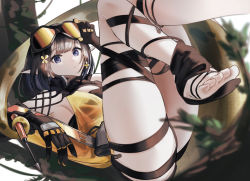Rule 34 | 1girl, absurdres, arknights, armpits, black footwear, black gloves, black hair, blue eyes, closed mouth, eunectes (arknights), gloves, goggles, goggles on head, highres, in tree, legs up, looking at viewer, lucy (rusi-juren328), lying, on back, pointy ears, prehensile tail, revealing clothes, screwdriver, see-through, short hair, snake tail, solo, tail, thigh strap, toeless footwear, tree