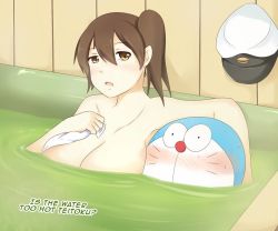 Rule 34 | 10s, 1boy, 1girl, admiral (kancolle), bathtub, blush, breasts, cleavage, crossover, doraemon, doraemon (character), huge breasts, kaga (kancolle), kantai collection, side ponytail, wangphing