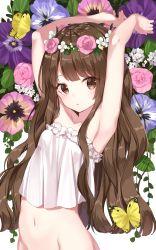 Rule 34 | 1girl, absurdres, animal, armpits, arms up, bare arms, blush, bottomless, breasts, brown eyes, brown hair, bug, butterfly, collarbone, crop top, eyes visible through hair, flower, flower wreath, frilled shirt, frills, groin, hair flower, hair ornament, highres, insect, jimmy madomagi, long hair, looking at viewer, navel, open mouth, original, out-of-frame censoring, pansy, pink flower, pink pansy, purple flower, purple pansy, shirt, small breasts, solo, stomach, white shirt