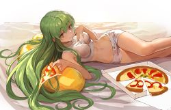 Rule 34 | 1girl, bare shoulders, bed sheet, breasts, c.c., cheese-kun, code geass, crop top, food, green hair, groin, highres, hip focus, impossible clothes, impossible shirt, licking lips, long hair, looking at viewer, lying, midriff, navel, on bed, on side, pillow, pizza, pizza box, pizza slice, shiny skin, shirt, short shorts, shorts, sidelocks, smile, solo, teffish, tongue, tongue out, very long hair, white shorts, yellow eyes