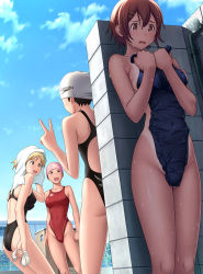 Rule 34 | 4girls, arena (company), around corner, ass, breasts, brown eyes, brown hair, clothes in front, competition swimsuit, covered erect nipples, covering privates, day, exhibitionism, hair ornament, hairclip, hiding, highleg, highleg swimsuit, highres, kuri (kurigohan), medium breasts, multiple girls, nipples, nude, nude cover, one-piece swimsuit, one-piece tan, open mouth, original, outdoors, poolside, public indecency, short hair, showering, speedo (company), swim cap, swimsuit, tan, tanline, unworn swimsuit, v, wet
