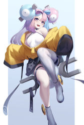 Rule 34 | 1girl, :d, absurdres, blue hair, blush, boots, bow-shaped hair, breasts, breasts apart, creatures (company), game freak, grey footwear, grey pantyhose, highres, iono (pokemon), jacket, long sleeves, medium breasts, multicolored hair, nine (kanine41), nintendo, off shoulder, open mouth, pantyhose, pink hair, pokemon, pokemon sv, single leg pantyhose, sitting, sleeves past fingers, sleeves past wrists, smile, solo, two-tone hair, wide sleeves, yellow jacket
