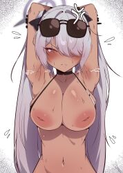 Rule 34 | 1girl, absurdres, alternate breast size, arms up, blue archive, breasts, dark-skinned female, dark skin, frown, highres, iori (blue archive), kkry99, large breasts, looking at viewer, swimsuit, white hair