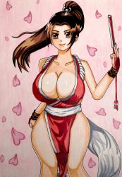 Rule 34 | 1girl, breasts, brown eyes, brown hair, cherry blossoms, cleavage, fatal fury, female focus, folding fan, hand fan, highres, holding, holding fan, huge breasts, long hair, looking at viewer, matching hair/eyes, ninja, pelvic curtain, ponytail, revealing clothes, shiranui mai, smile, solo, standing