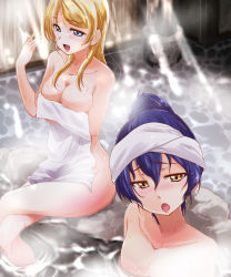 Rule 34 | 10s, 2girls, arm up, ayase eli, bath, bathing, blonde hair, blue eyes, blush, breasts, brown eyes, cleavage, collarbone, commentary request, completely nude, covering privates, hair between eyes, hair bun, highres, large breasts, long hair, love live!, love live! school idol project, medium breasts, multiple girls, naked towel, nude, nude cover, onsen, open mouth, partially submerged, purple hair, rock, single hair bun, sitting, sonoda umi, steam, towel, towel on head, urutsu sahari, water, white towel