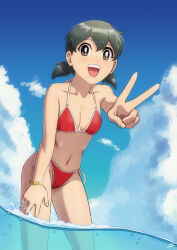 Rule 34 | 1girl, absurdres, bikini, black hair, blue sky, breasts, brown eyes, cleavage, cloud, cowboy shot, day, doraemon, hand on own thigh, highres, leaning forward, looking at viewer, low twintails, minamoto shizuka, navel, open mouth, partially underwater shot, qiannian zuojia, red bikini, short hair, side-tie bikini bottom, sky, small breasts, solo, swimsuit, teeth, twintails, upper teeth only, wading