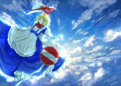 Rule 34 | 1girl, apron, blonde hair, blue dress, blue sky, bow, bowtie, closed mouth, cloud, cloudy sky, commentary request, dress, elbow gloves, flying, frilled apron, frills, gloves, hakase (chitama shinryaku), happy, hat, hat bow, kana anaberal, no parking sign, outdoors, red bow, red bowtie, short hair, sky, smile, sun hat, touhou, touhou (pc-98), white apron, white gloves, white hat, yellow eyes