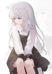 Rule 34 | 1girl, absurdres, animal ears, artist name, black dress, blue eyes, chiyuki0321, dress, feet out of frame, grey hair, hair ears, highres, long hair, long sleeves, looking to the side, original, shirt under dress, signature, sitting, solo, very long hair, yellow eyes, zoom layer