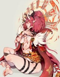 Rule 34 | absurdres, armor, barefoot, belt, black ribbon, blush, body blush, breasts, cape, character request, commission, ear blush, earrings, fur trim, glaring, gold earrings, hair ribbon, highres, horns, japanese armor, jewelry, large areolae, leg tattoo, lips, long fingers, long hair, looking at viewer, magic, mask, mole, mole under mouth, multiple belts, nail polish, narrowed eyes, oni, oni horns, oni mask, original, pale skin, paper, pointy ears, red armor, red hair, red nails, ribbon, shiny skin, small breasts, soles, tattoo, thighs, toe scrunch, toenail polish, toenails, venusflower, very long hair, wind, yellow eyes